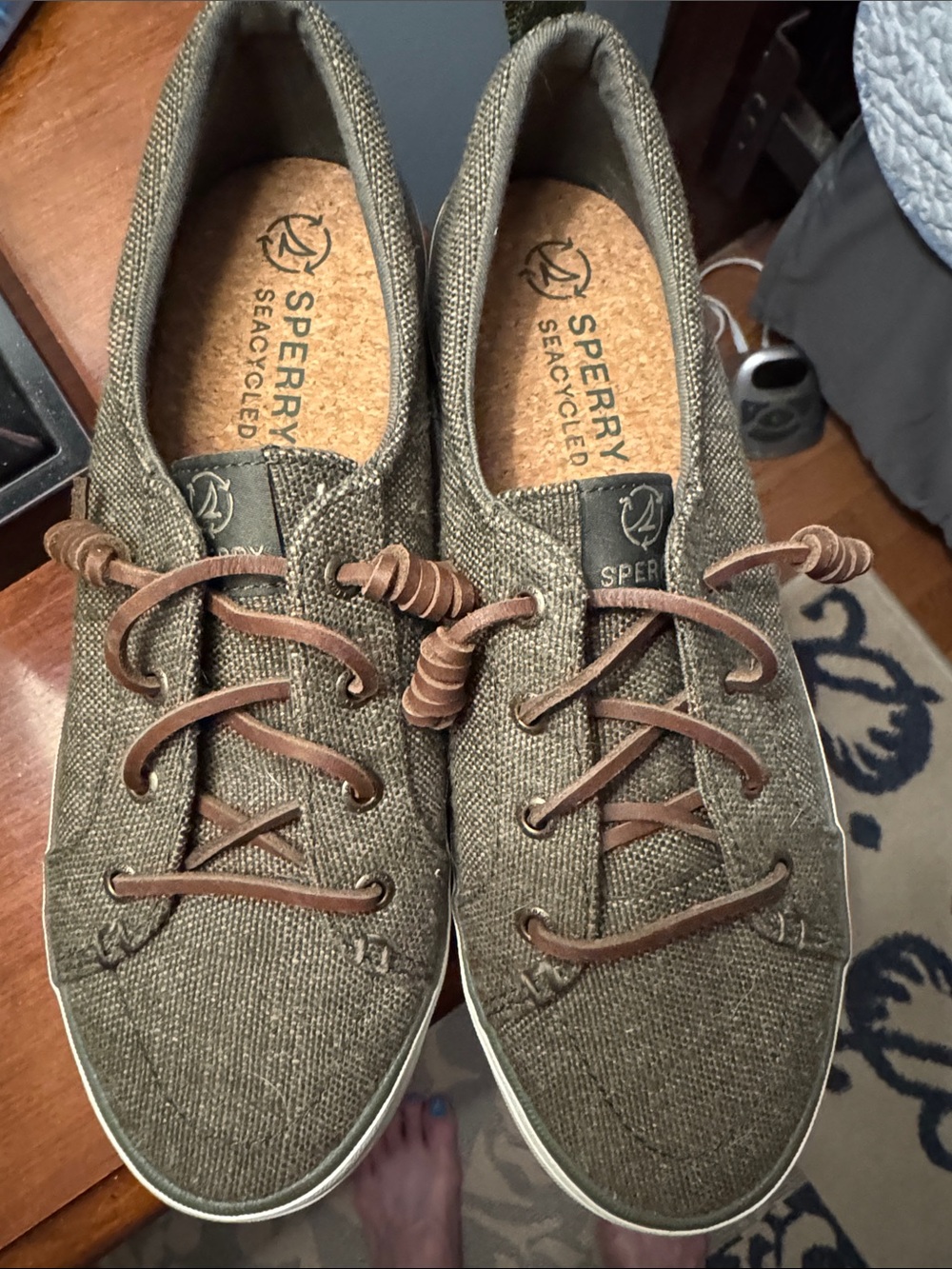 Sperry Olive Green Canvas Boat Shoes with Brown Laces 8.5